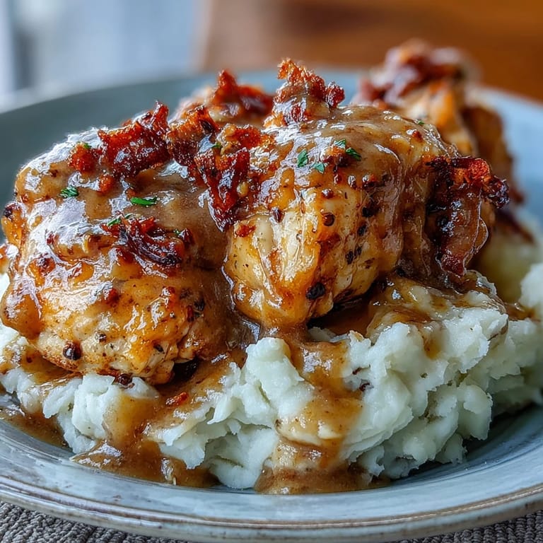 Tender Slow Cooker Honey Mustard Chicken rests on a bed of creamy mashed potatoes, garnished with fresh parsley for color.