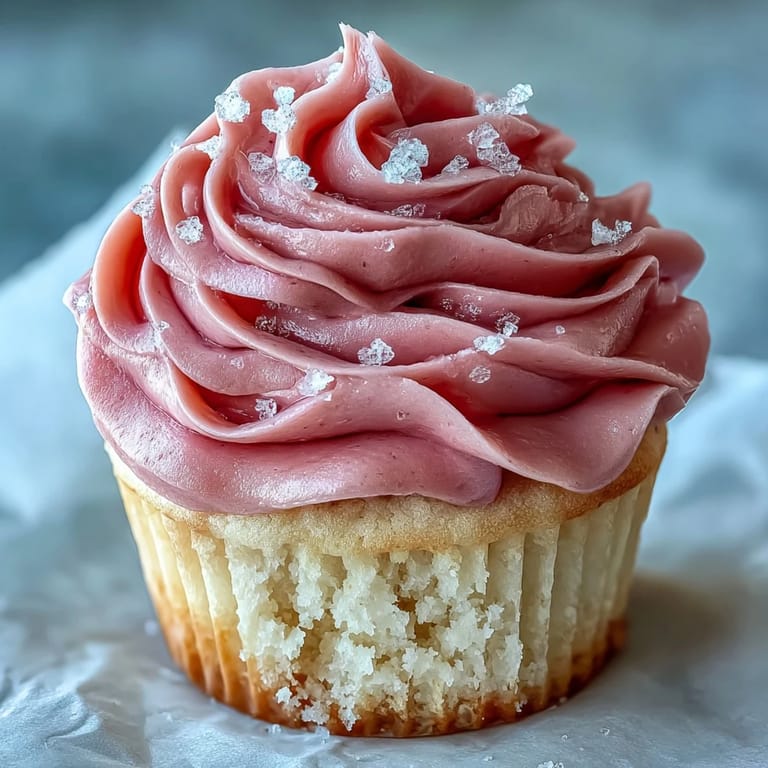 A close-up of a moist, blush-pink cupcake interior topped with fluffy vanilla buttercream frosting, ready to be enjoyed.