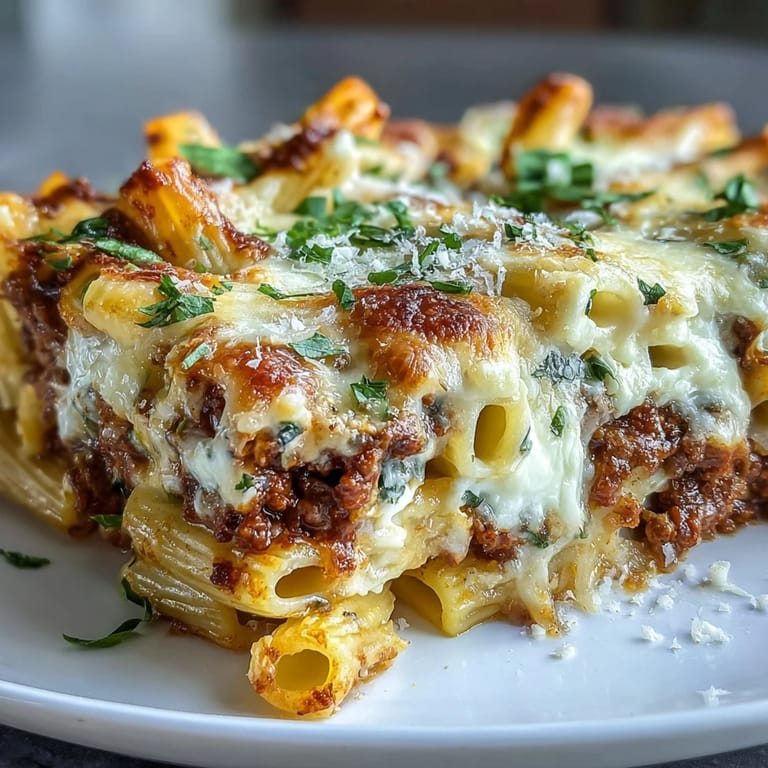 Close-up of Cottage Cheese Protein Pasta Bake showing creamy cottage cheese, penne pasta, and savory tomato beef sauce under melted mozzarella.