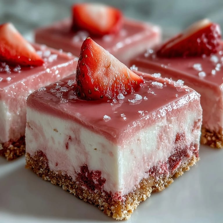 No-Bake Strawberry Fudge Squares cut into neat squares, featuring a creamy pink layer and a crunchy biscuit base for dessert.