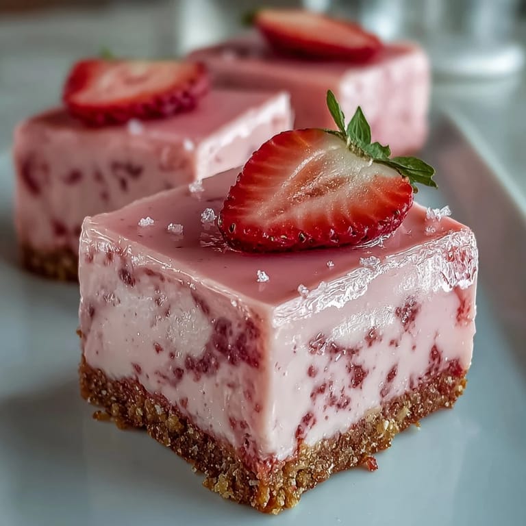 Sliced No-Bake Strawberry Fudge Squares on a plate, ready to serve with cold milk for a sweet snack.