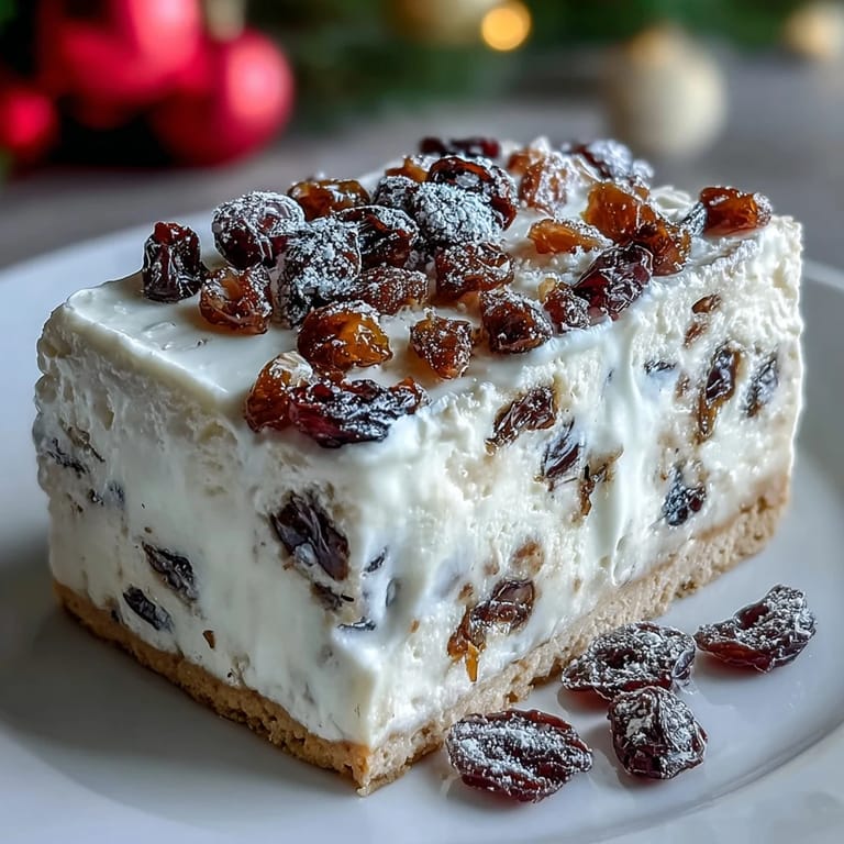 Dense slices of Christmas Cheesecake Slab on a white plate garnished with cinnamon and nutmeg.