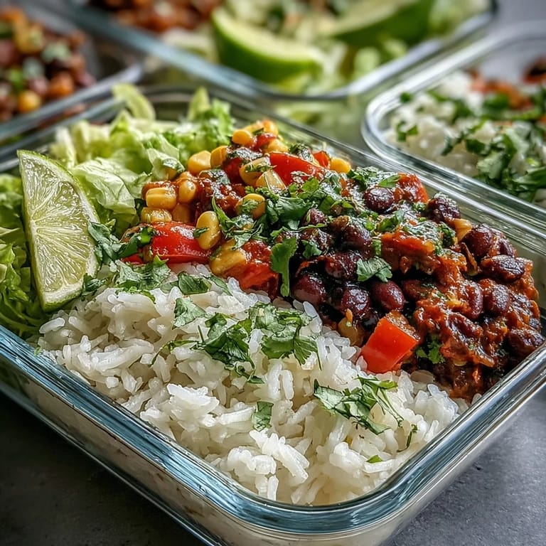 Colorful Meal Prep Burrito Bowl Base ingredients arranged in a meal prep tray with fresh avocado, salsa, and lime.