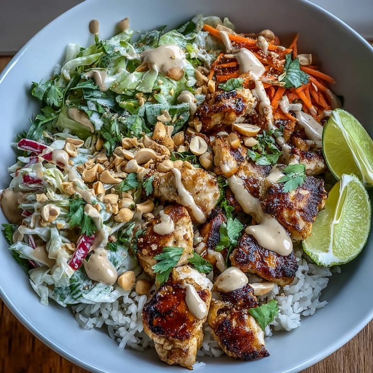 Shredded vegetables and tender chicken mingle with fluffy coconut rice in this easy Peanut Chicken Protein Bowl, perfect for meal prep.