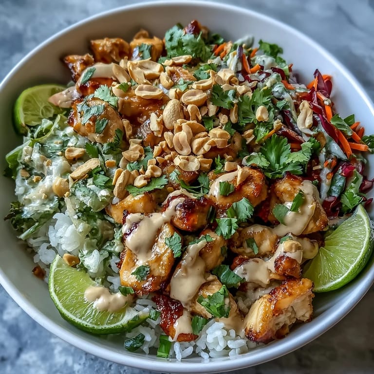 Crisp red cabbage, carrots, and fresh cilantro garnish the vibrant Peanut Chicken Protein Bowl, served with lime wedges for squeezing.