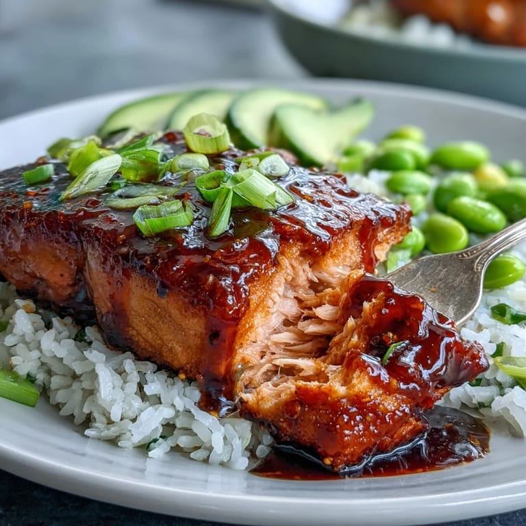 Close-up of Honey Sriracha Salmon Bowl, glazed salmon over jasmine rice with edamame, cucumber, and avocado, drizzled with sriracha mayo, served for dinner.