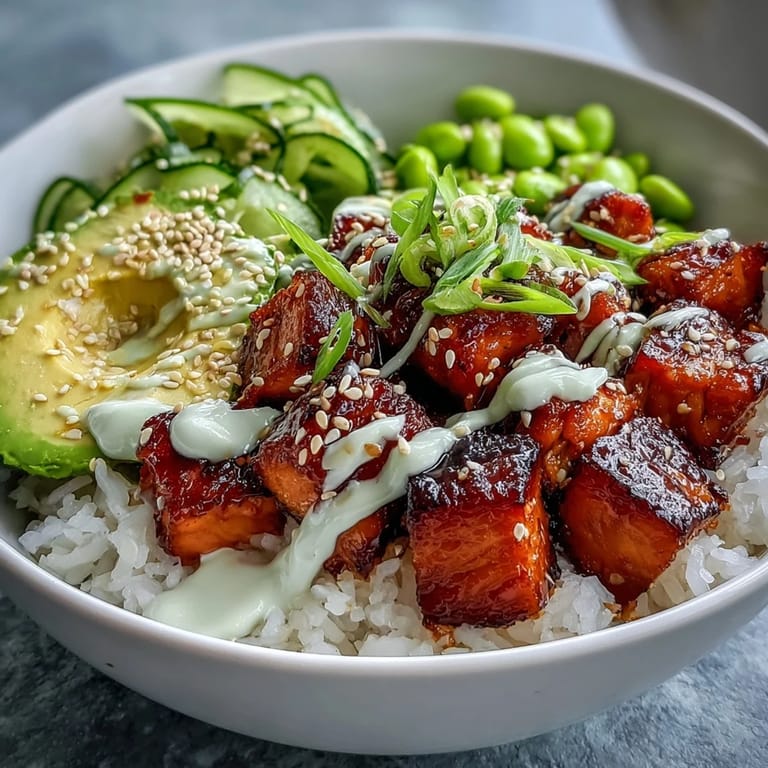 Top-down view of a Salmon Rice Bowl, featuring golden salmon, fluffy rice, and colorful veggies, ready for a nutritious weeknight dinner.