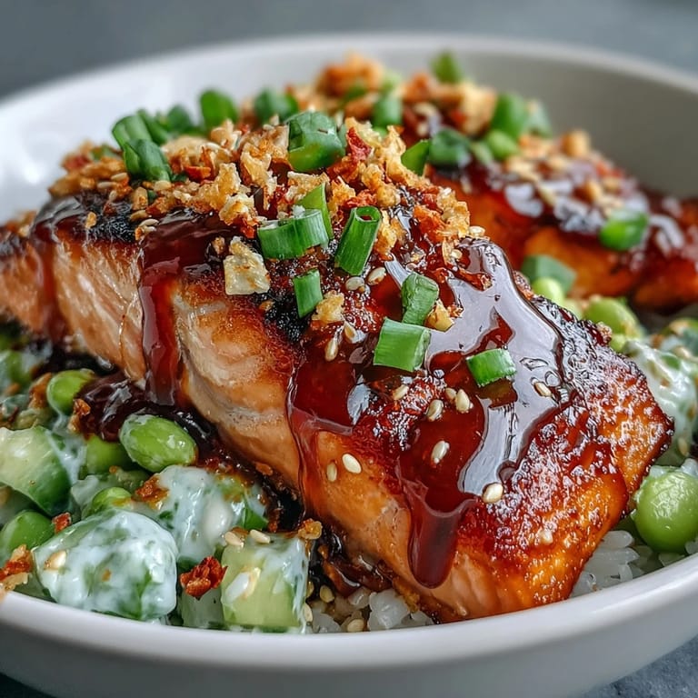 Easy Asian-inspired Bang Bang Salmon Bowl features tender fish, vibrant veggies, and a sweet heat drizzle over warm steamed rice.