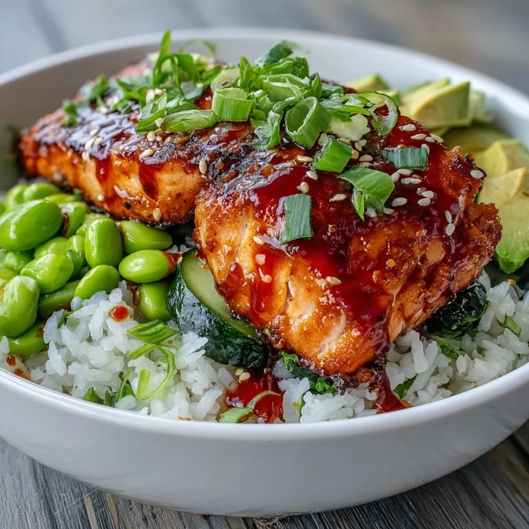 Bowl of honey sriracha salmon topped with creamy avocado, edamame, and a drizzle of spicy sriracha mayo.