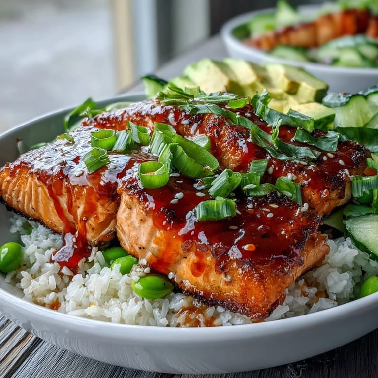 Ready-to-serve honey sriracha salmon bowl with tender fish, fluffy rice, and fresh garnishes on a wooden table.