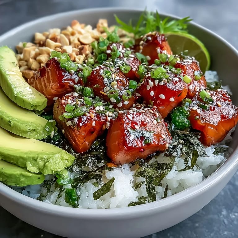 Serve this easy fusion Avocado Salmon Bowl with lime wedges, cilantro, and sesame seeds for a quick, colorful 35-minute pescatarian dinner.
