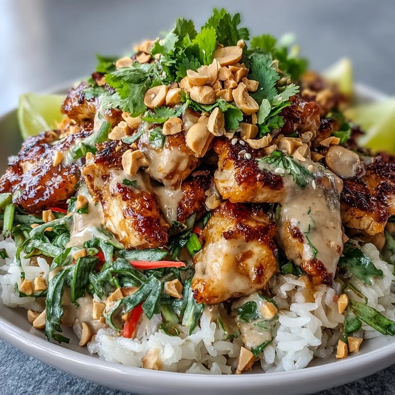 Meal prep Peanut Chicken Protein Bowl with crisp red cabbage, roasted peanuts, and fresh veggies.