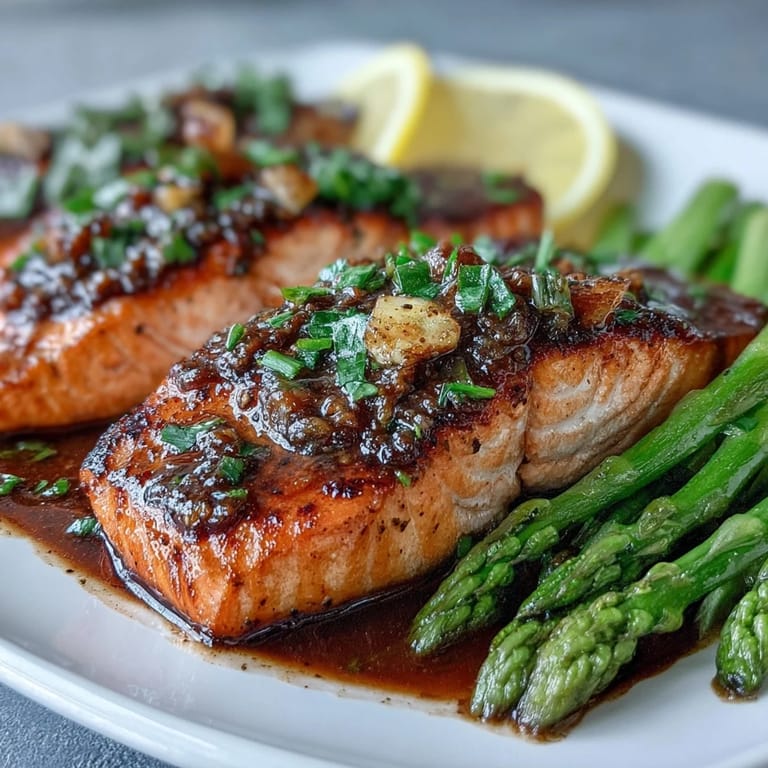 Elegant garlic butter salmon fillets paired with crisp asparagus spears, garnished with lemon slices and fresh parsley.