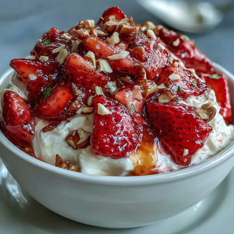 Vibrant homemade strawberry compote glistens atop thick Greek yogurt, garnished with toasted almonds and fresh mint.