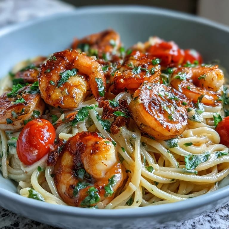 Juicy shrimp and tender angel hair pasta simmer in a fragrant garlic-lemon broth with colorful cherry tomatoes and snap peas.