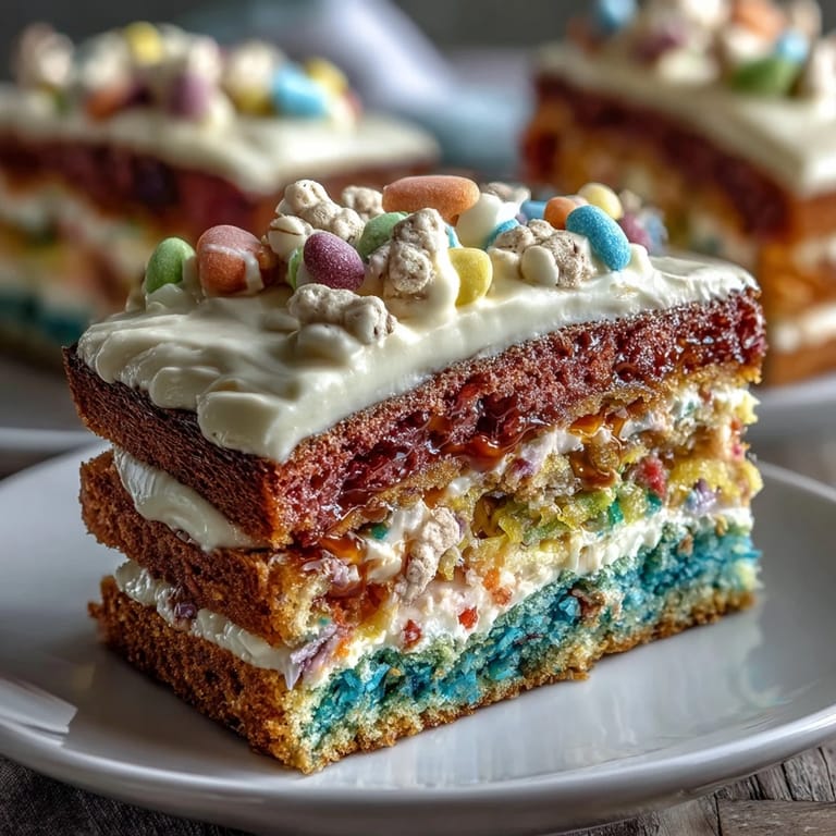 Festive cake featuring colorful rainbow layers and hidden candy center, ideal for Cinco de Mayo parties and family gatherings.