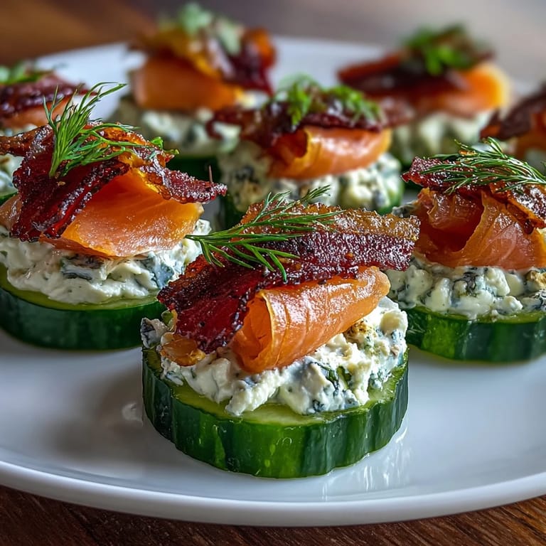 Elegant smoked salmon cucumber bites with zesty lemon-cream cheese spread, fresh herbs, and briny capers - ideal for cocktail parties or holiday gatherings.