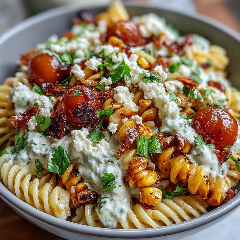 Creamy, no-mayo Mexican Street Corn Elote Pasta Salad featuring fresh cilantro, cherry tomatoes, and smoky chili spices.