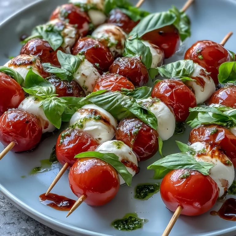 Vibrant Caprese skewers with pesto drizzle make a perfect summer party appetizer.