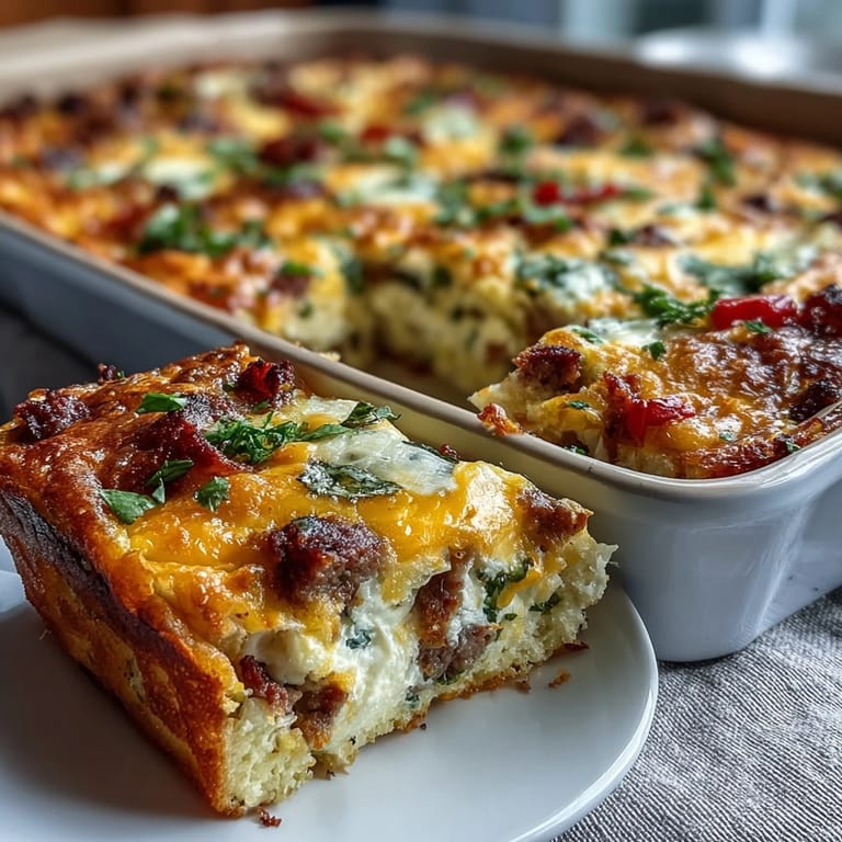 Layered Amish breakfast casserole loaded with potatoes, peppers, and melted cheddar, perfect for brunch.