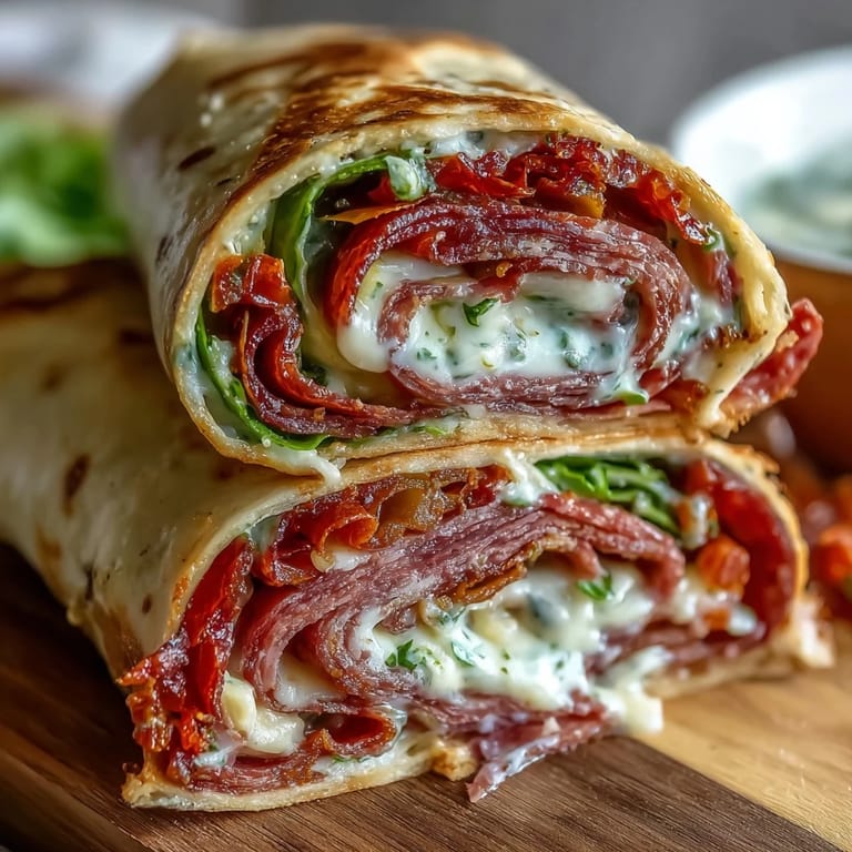 Vibrant Italian Sub Pinwheel Wraps, filled with ham, salami, pepperoni, and provolone, ready for parties.  