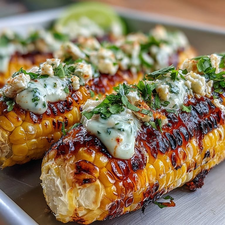 Elote-style grilled corn slathered in spiced crema, sprinkled with Cotija, and served with lime wedges.