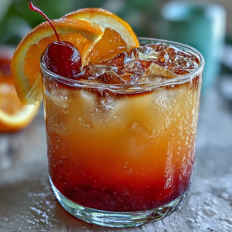 Layered ombre sunrise mocktail with grenadine syrup sinking to the bottom, garnished with orange slices and cherries.