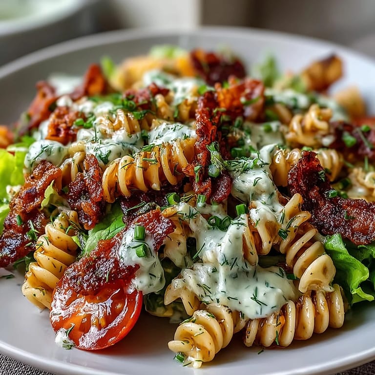 Vibrant summer BLT pasta salad featuring avocado ranch dressing, juicy tomatoes, and crunchy bacon bits.