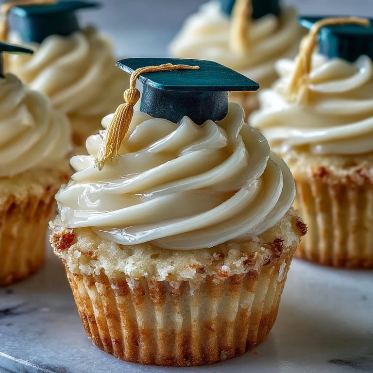 Simple Graduation Cupcakes with Cap Fondant Toppers: buttercream-frosted vanilla cupcakes crowned with handmade black fondant caps and yellow tassels.
