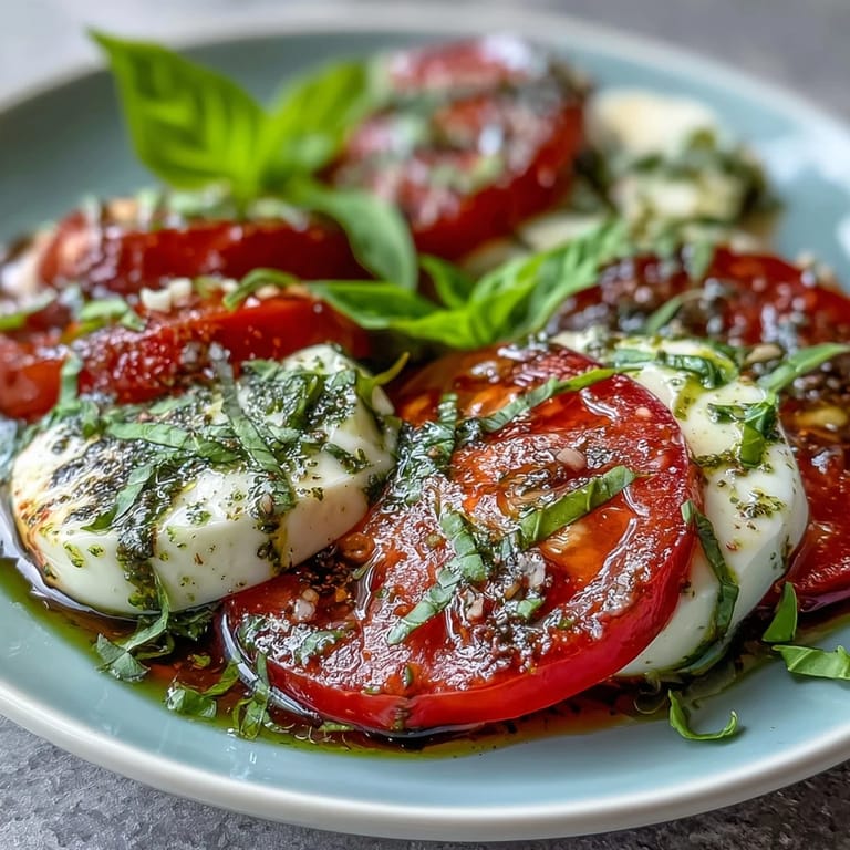 Vibrant Caprese Salad with Basil Oil Drizzle featuring juicy tomatoes, creamy mozzarella, and aromatic basil.