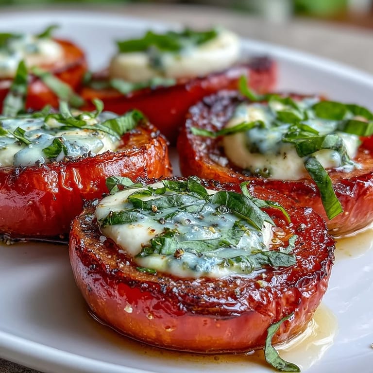 Colorful Caprese Salad with Basil Oil Drizzle arranged with fresh tomatoes, mozzarella, and fragrant basil leaves.