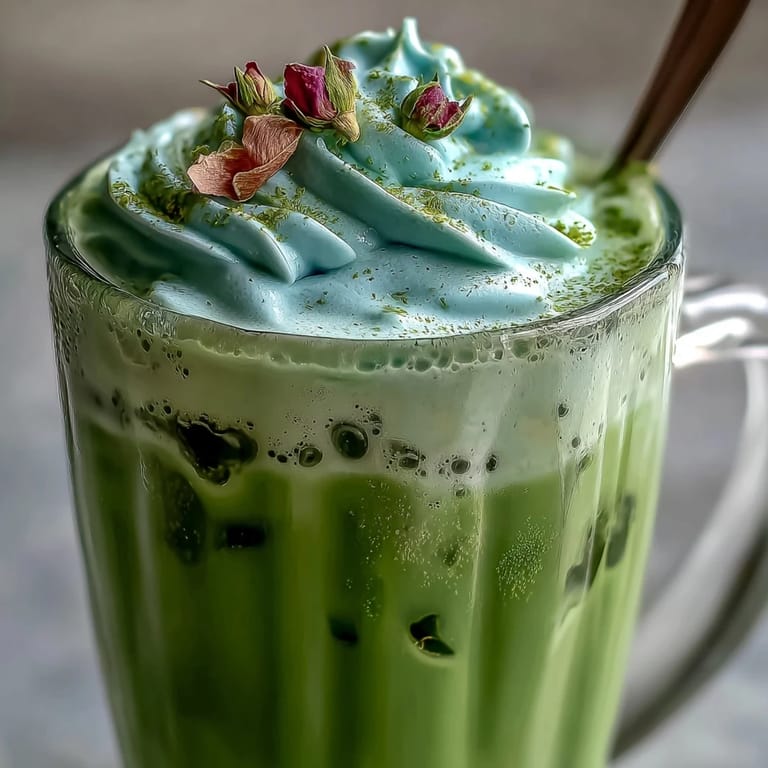 Velvety vanilla cold foam crowns this refreshing iced matcha latte, perfect for brunch.