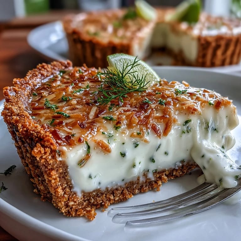Lime green filling peeking out of a rustic Coconut Lime Tart, ready to serve.