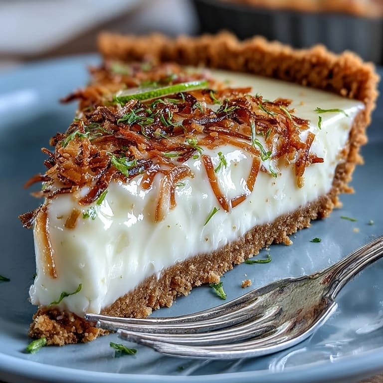 A slice of refreshing Coconut Lime Tart topped with fluffy whipped cream and coconut.