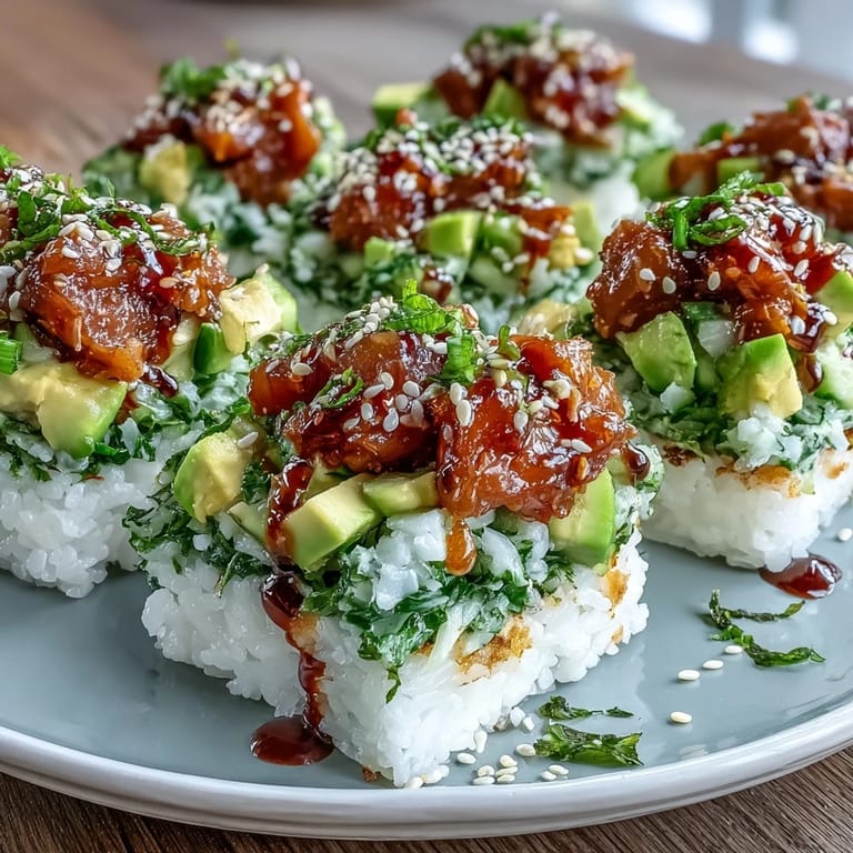 Colorful Crispy Rice Salad with Spicy Tuna, creamy avocado, and fresh veggies make perfect appetizer bites.