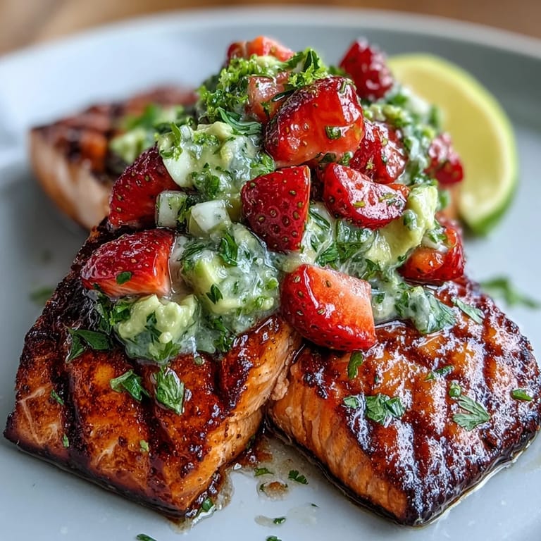 Flaky grilled salmon fillets showcasing vibrant strawberry avocado salsa, perfect for dinner.