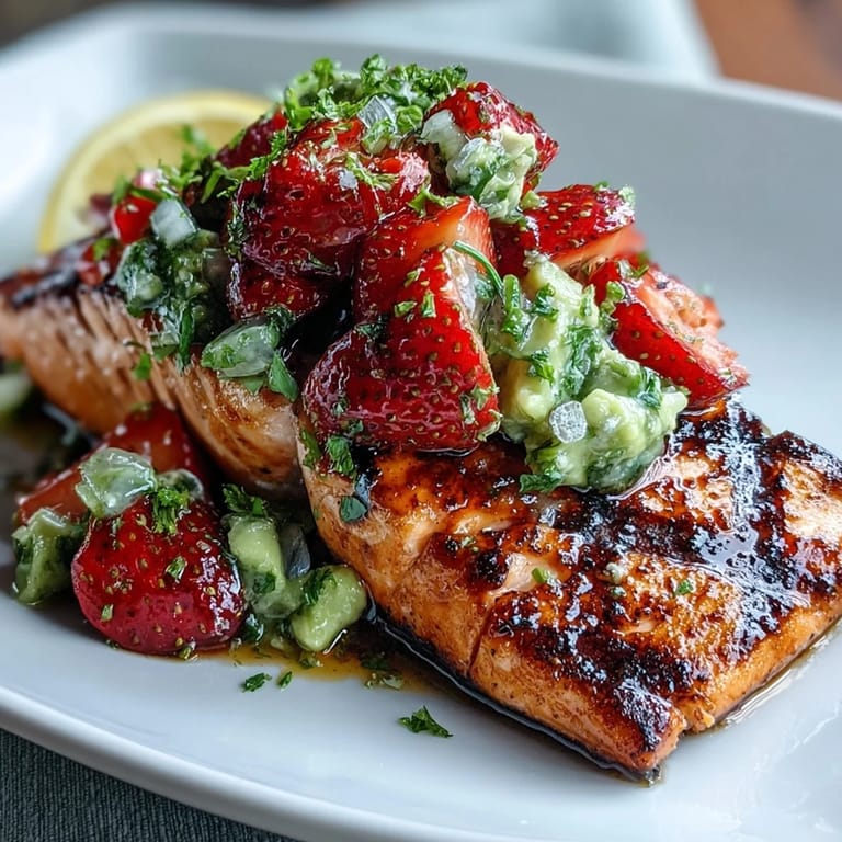 Deliciously grilled salmon with a refreshing strawberry avocado salsa, ready to serve.