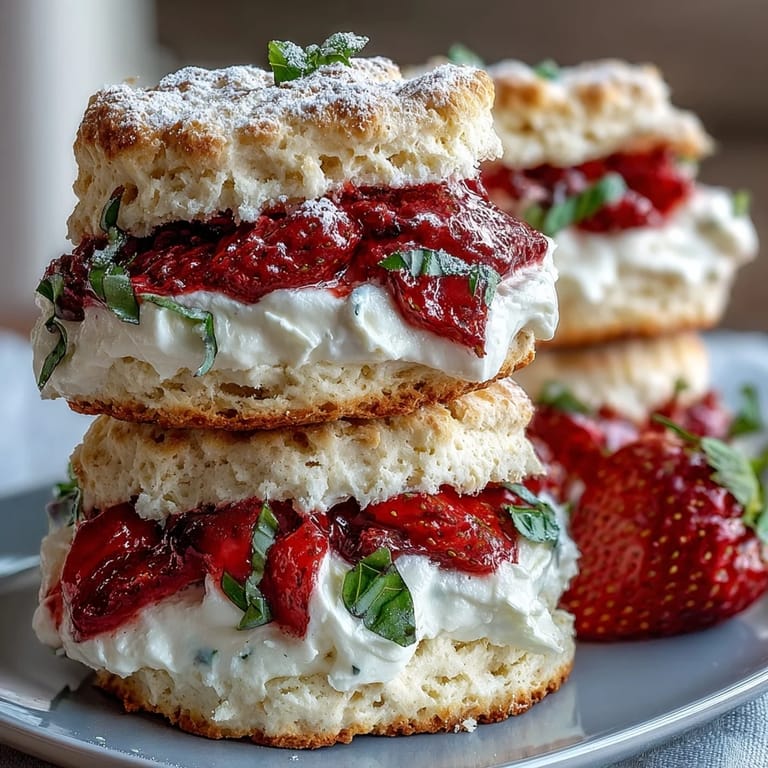 Close-up of moist Strawberry Basil Shortcake Biscuits with macerated strawberries.