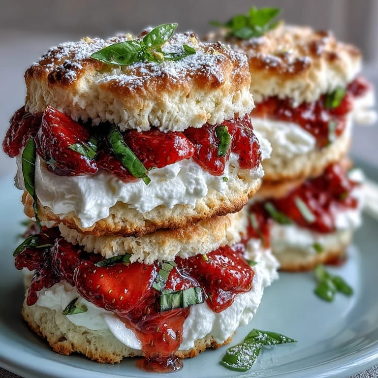 Sweet, buttery Strawberry Basil Shortcake Biscuits ready for a summer dessert.