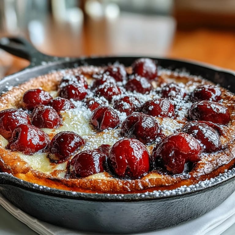 Elegant fresh cherry clafoutis dusted with sugar, a delightful dessert.