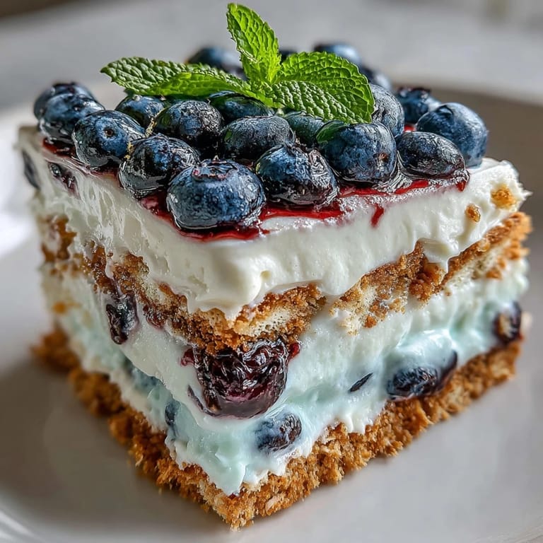 Juicy blueberries crown this no-bake Lemon Blueberry Icebox Cake, layered with creamy goodness.