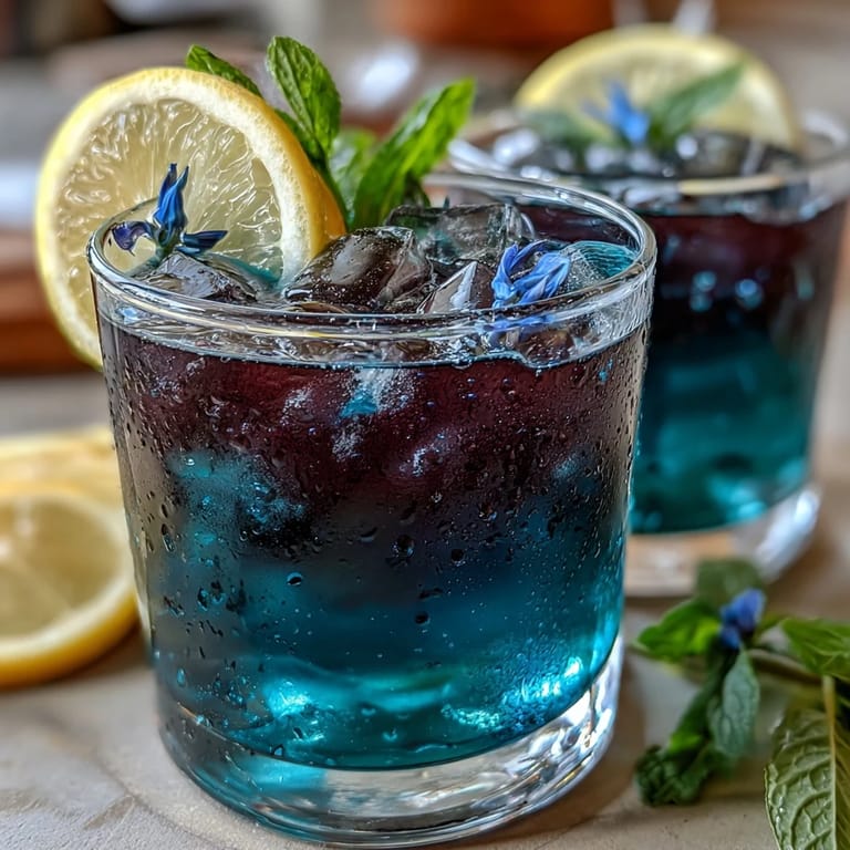 Beautifully layered Butterfly Pea Flower Lemonade with ice and lemon garnish, in a clear glass.
