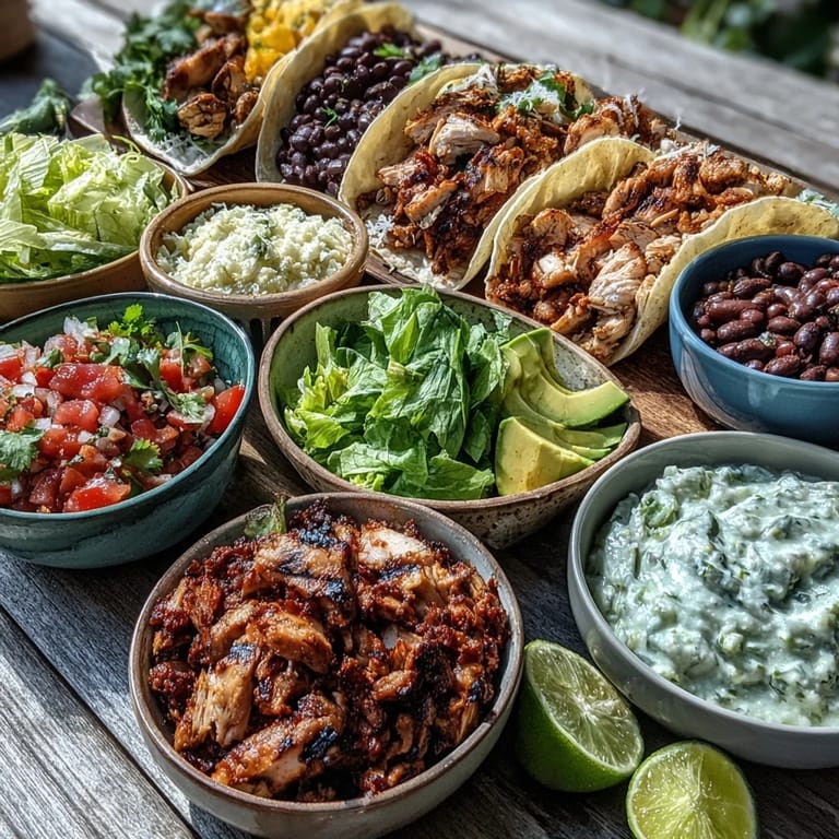 A festive DIY Taco Bar spread, perfect for a fun, interactive summer meal.