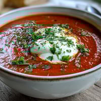 Vibrant roasted red pepper soup in a white bowl, garnished with a swirl of crème fraîche and fresh parsley.  