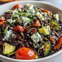 Freshly roasted red bell peppers and tender black lentils glisten in a vibrant Black Lentil Salad.