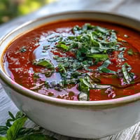 Creamy tomato and basil soup served hot with a drizzle of olive oil and fresh basil leaves.