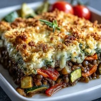 Golden-brown Green Lentil and Vegetable Casserole fresh from the oven, bubbling with spinach and cherry tomatoes.