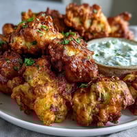 Golden, crispy Cauliflower Bhajis with spiced chickpea batter and a cool yogurt dip.