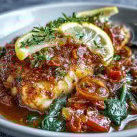 Fragrant Spiced Cod One Pot simmering with red and yellow peppers and onions in a tomato-based sauce.