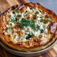 Golden, flaky filo pastry tart with Feta and Kale Börek, served warm with a crisp side salad.